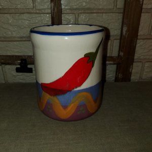 Vintage Artisan Hand Painted Stoneware Southwestern Style Chili Utensil Jar